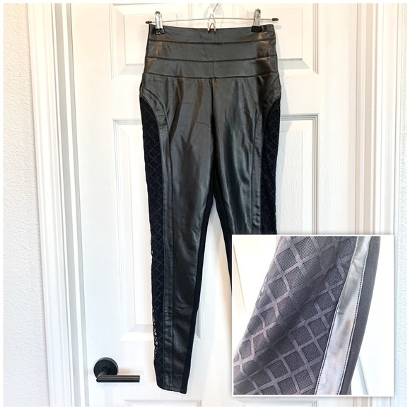 Bebe Black High-Waisted Wide Waistband Mesh Inset Faux Leather Stretch Leggings